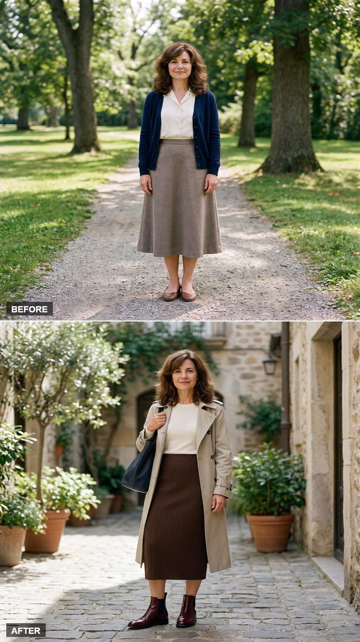 Chocolate Rib-Knit Column Midi with an Ivory Long-Sleeve Tee, Stone Open Trench, and Cherry Chelsea Boots