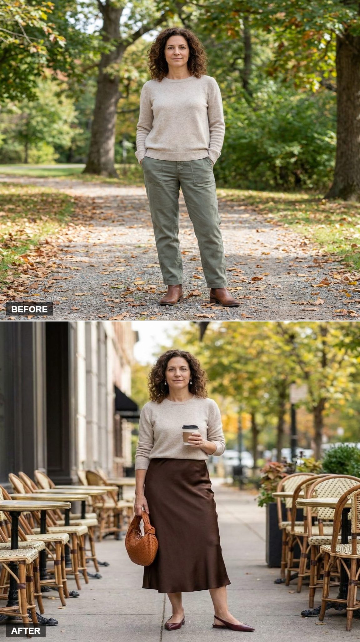 Chocolate Satin Bias-Cut Midi Skirt and a Soft Tuck: When Fabric Contrast Is the Whole Point