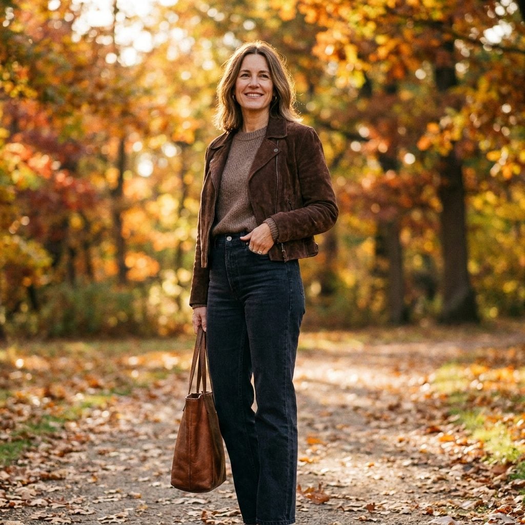 Chocolate Suede Jacket with Dark Straight Jeans