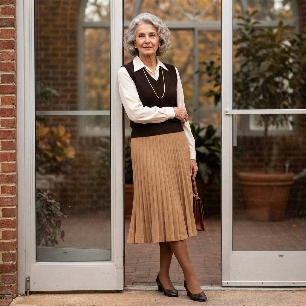 Chocolate Sweater Vest + Ivory Blouse + Camel Pleated Midi