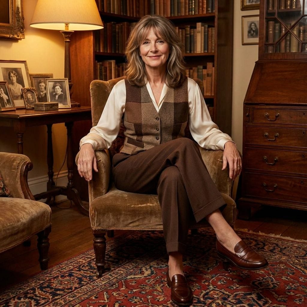 Chocolate Trousers, Ivory Silk Blouse, and Tailored Waistcoat
