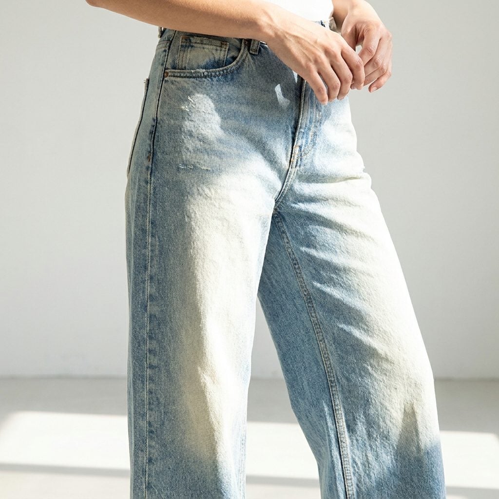 Choosing a Wash With Heavy Fading Across the Thighs That Visually Widens Them