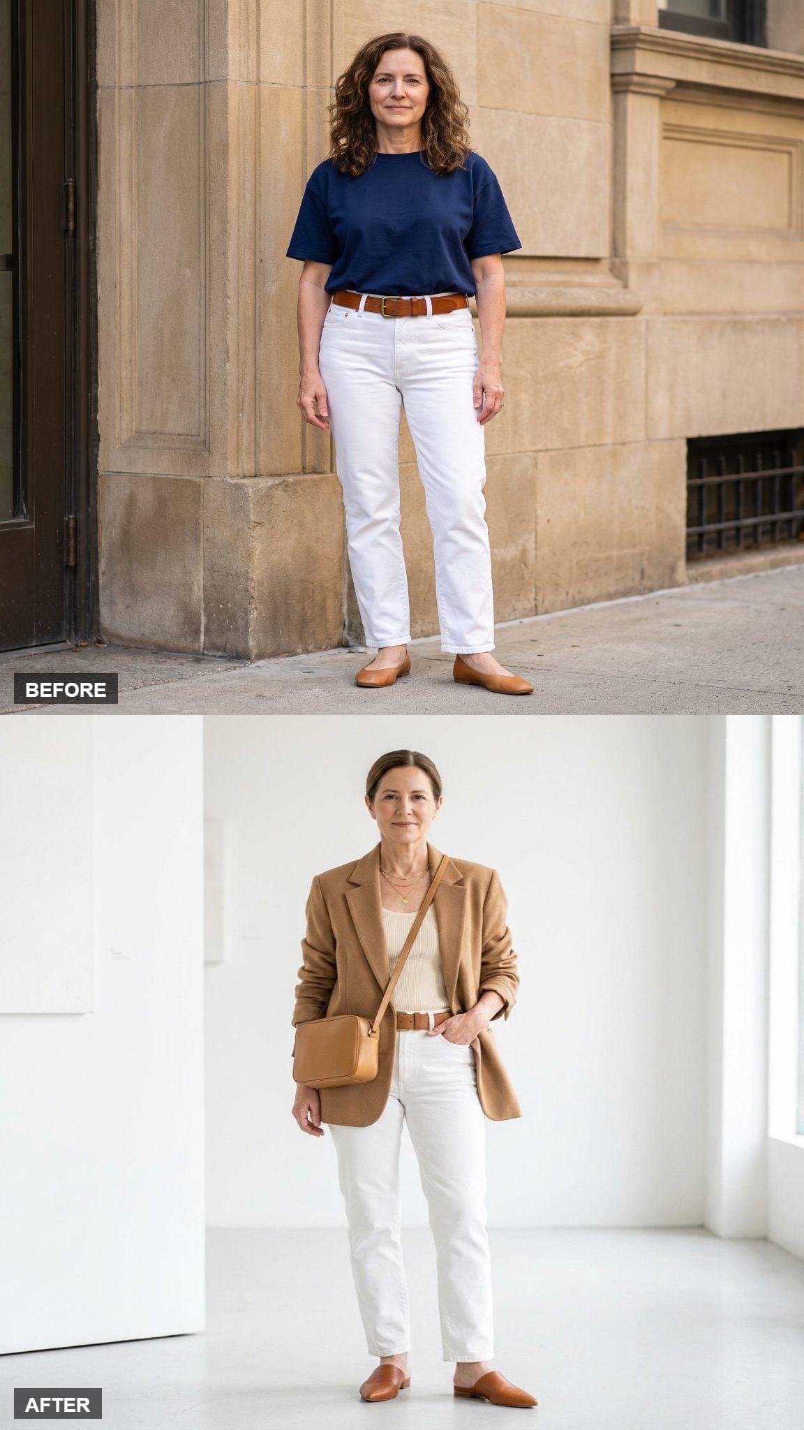 City Gallery Afternoon in Camel Blazer and Crisp White