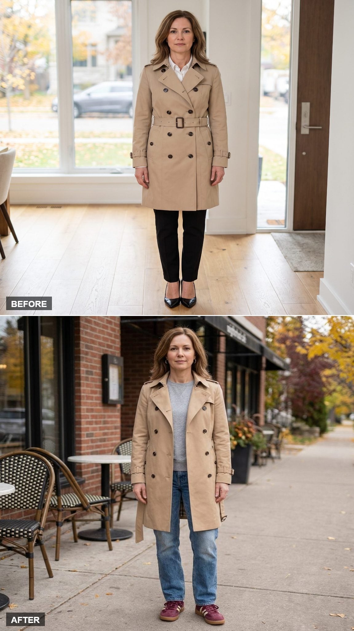 Classic Camel Trench Worn Open Over a Heather Sweatshirt, Faded Straight Jeans, and Burgundy Retro Sneakers