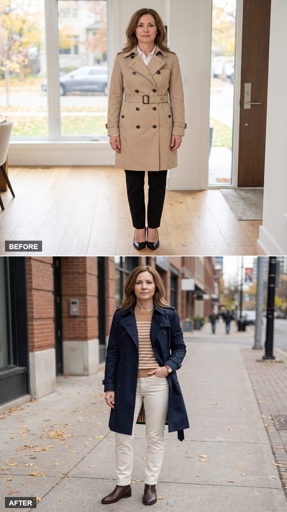 Classic Navy Double-Breasted Trench, Breton Knit, and Ecru Slim-Straight Jeans with Dark Chelsea Boots