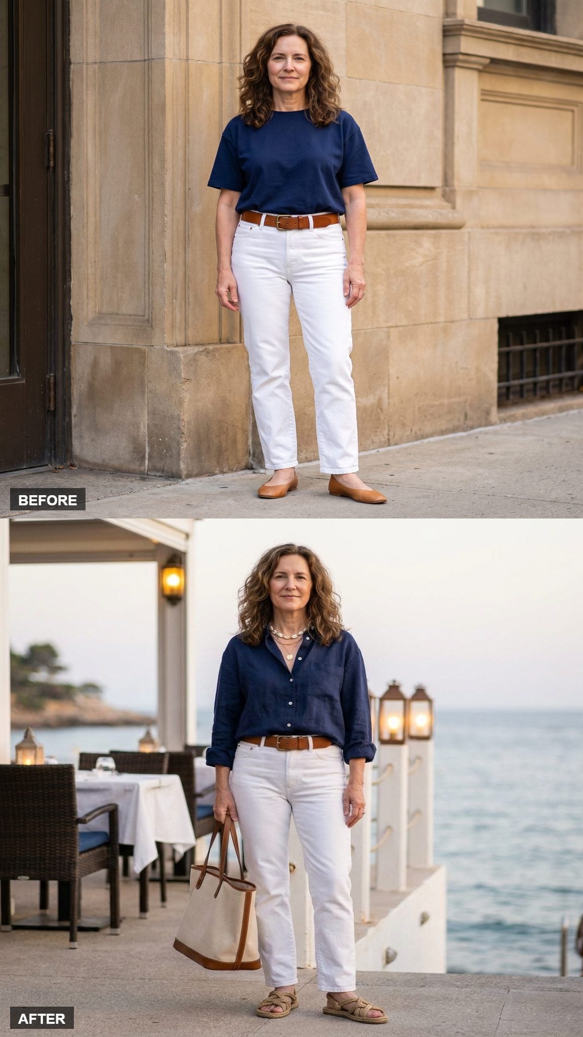 Coastal Dinner in Navy Linen and Rope Sandals