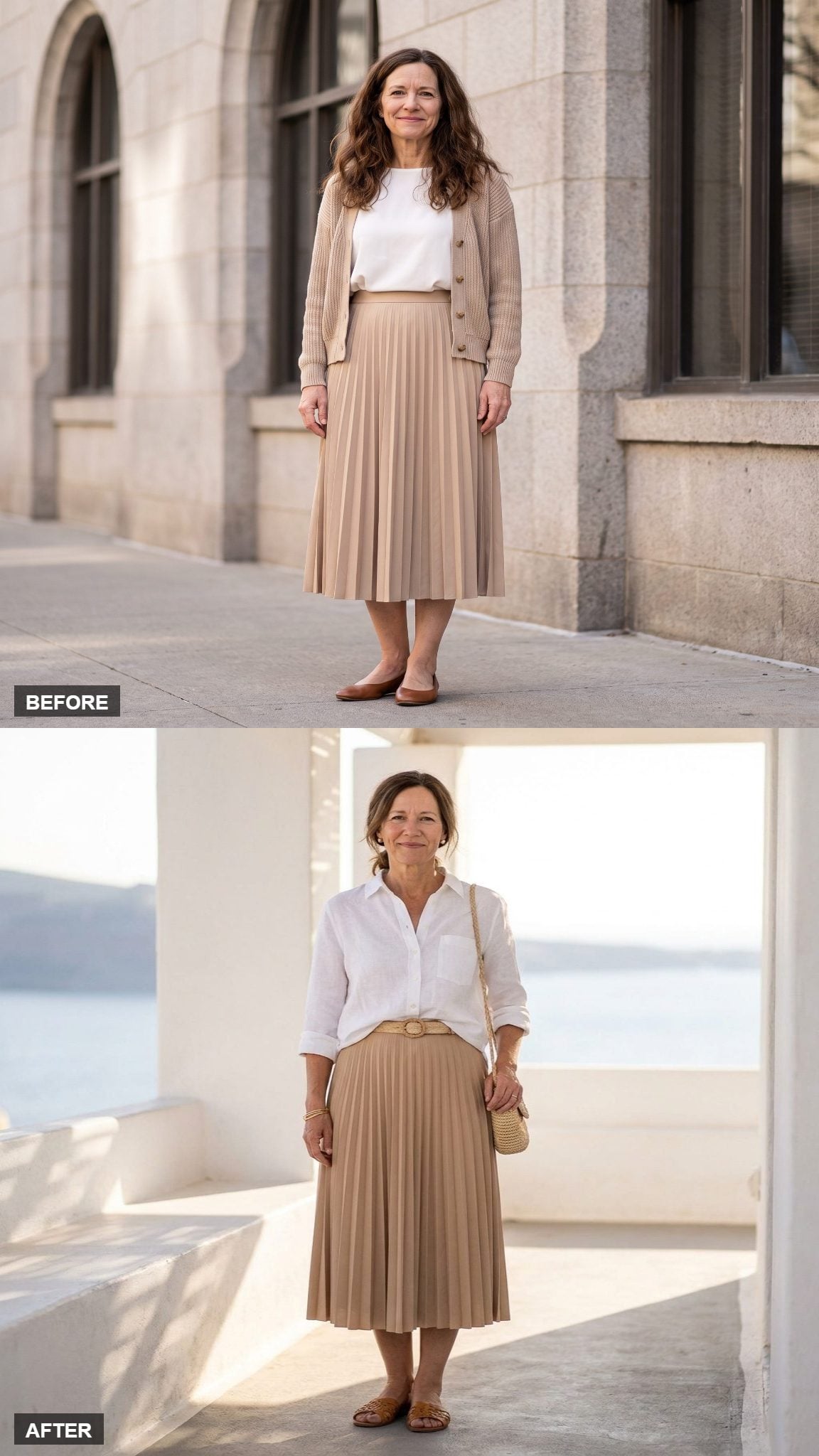 Coastal Ease in a Linen Shirt and Woven Flats