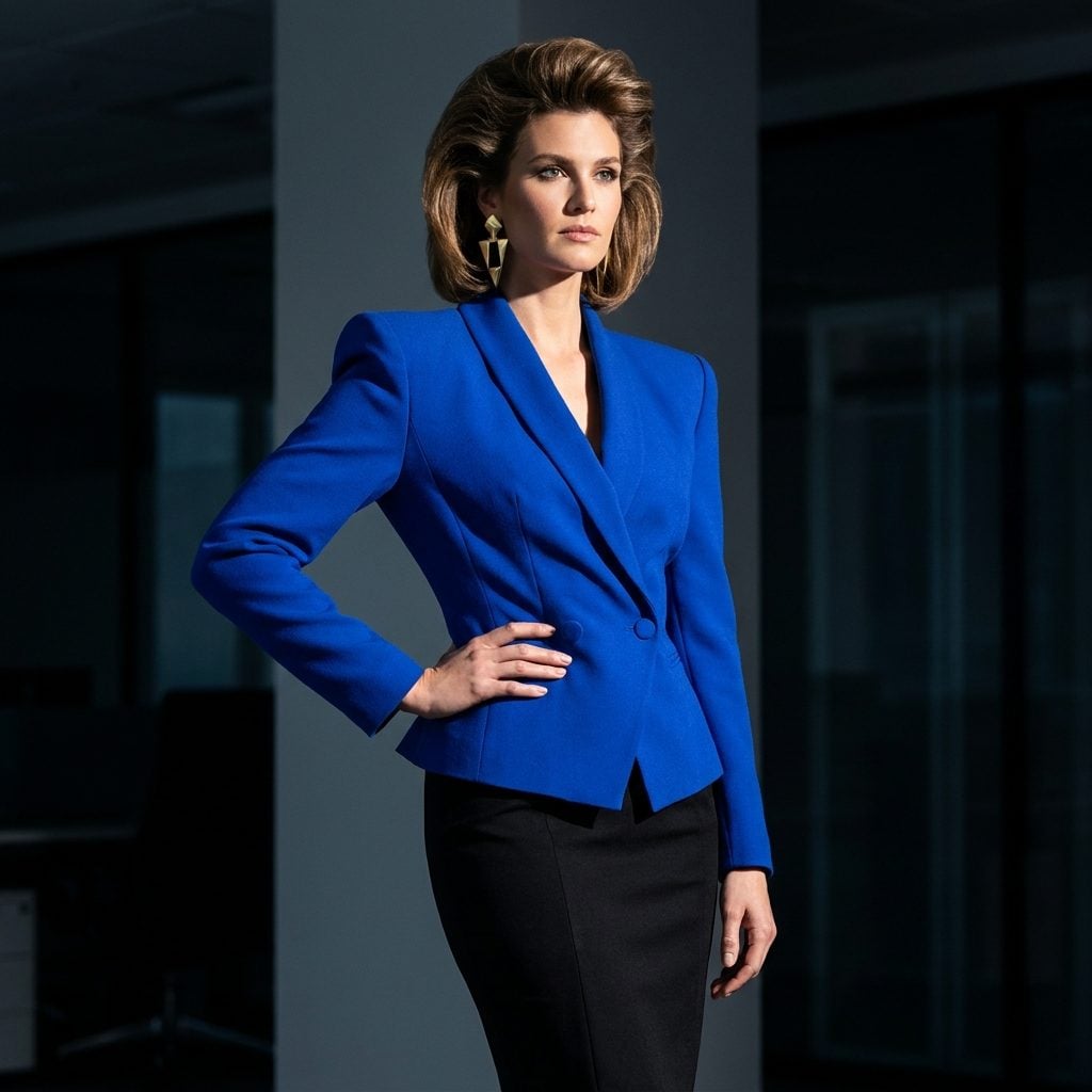 Cobalt-blue strong-shoulder jacket paired with a black pencil skirt