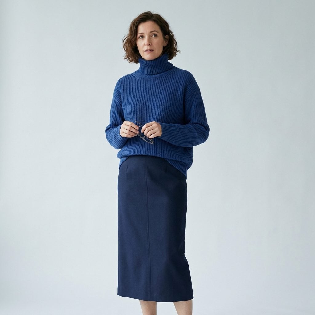 Cobalt Turtleneck With a Navy Straight Midi Skirt