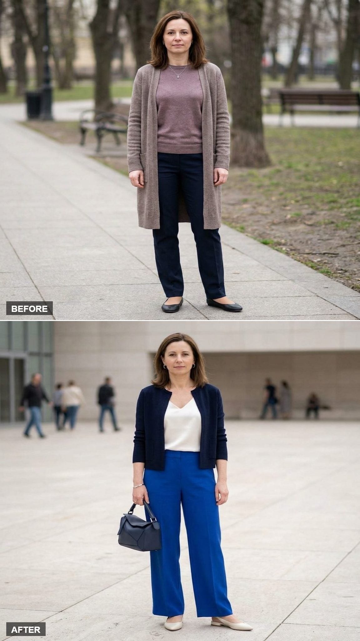Cobalt Wide-Leg Trousers and an Ivory Silk Shell at a Contemporary Museum Plaza
