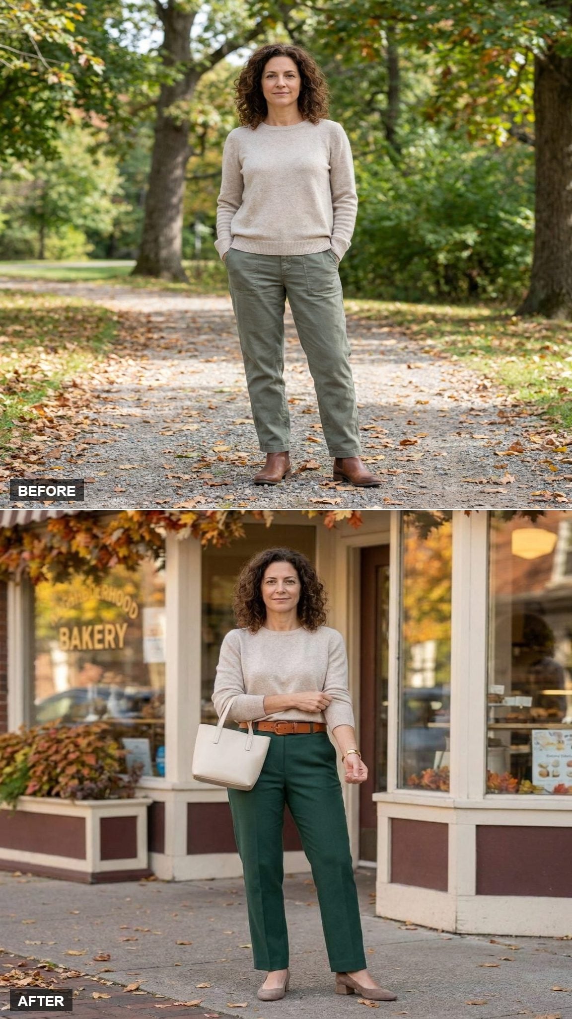 Cognac Leather Belt Over the Untucked Sweater, Forest Trousers, and Taupe Block Heels
