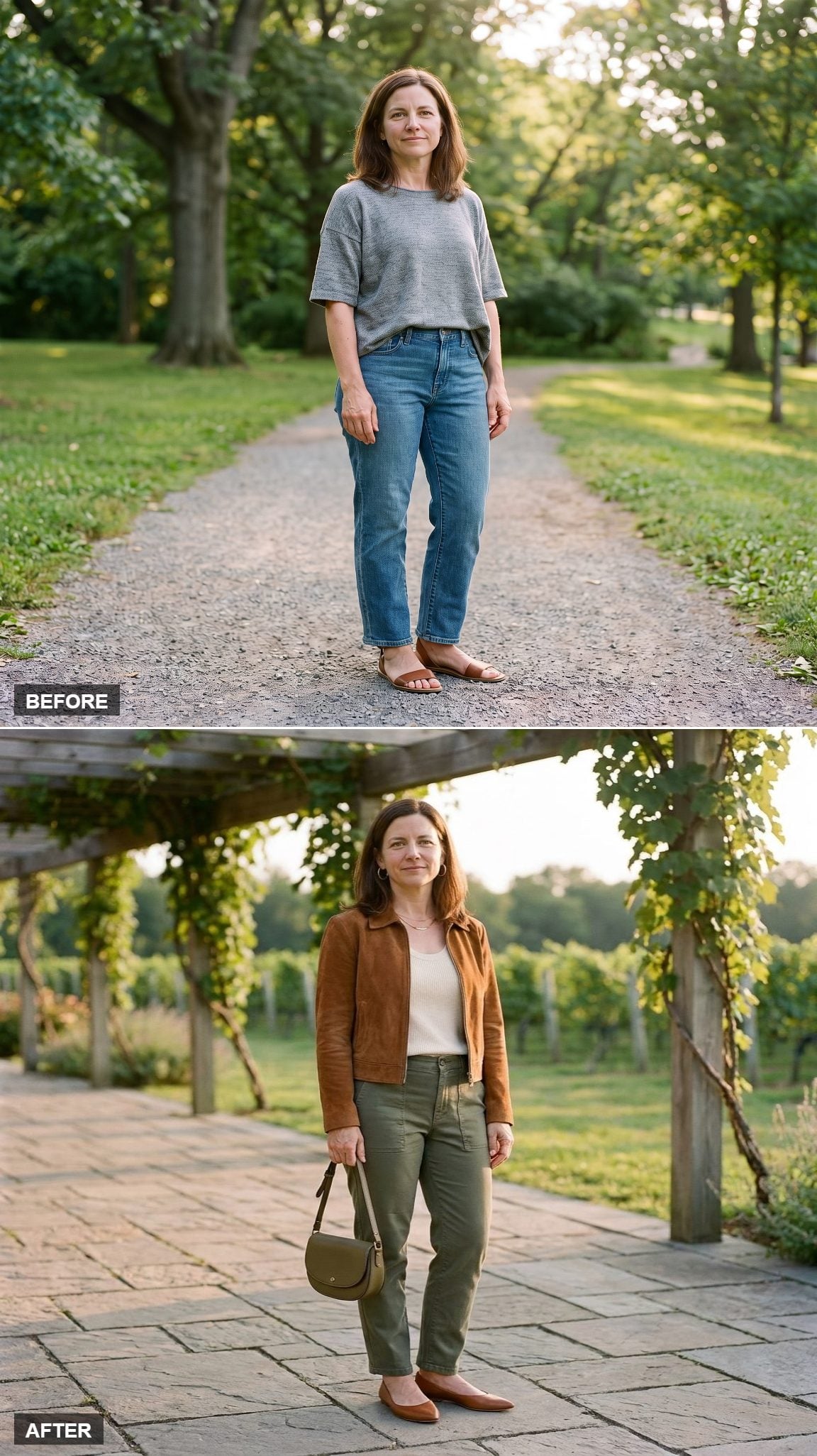 Cognac Suede Jacket, Olive Utility Trousers, and Cream Scoop-Neck Knit