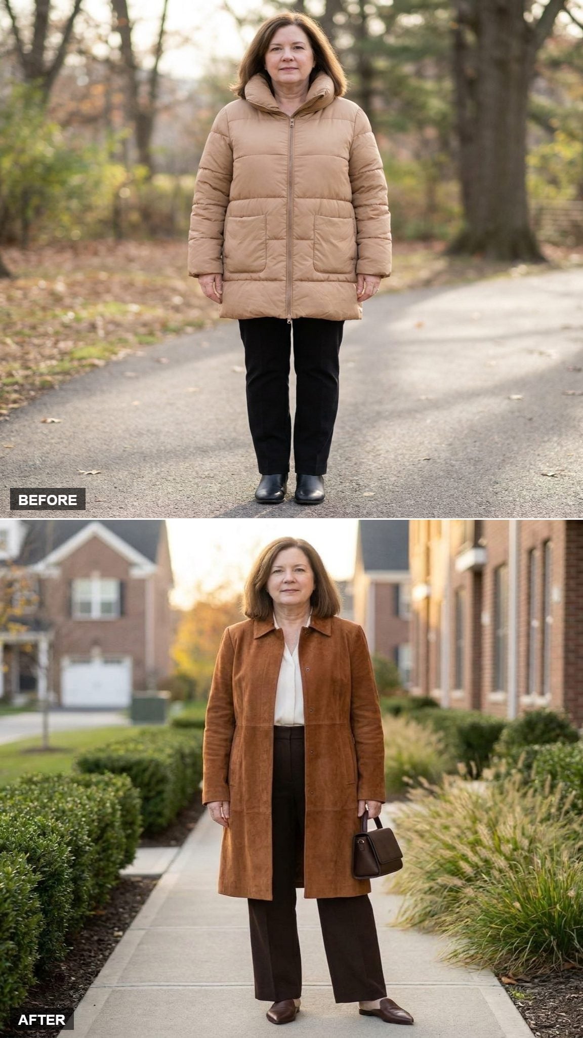 Cognac Suede Longline Coat, Wide-Leg Chocolate Trousers, and a Dark Top-Handle Bag on a Residential Walkway