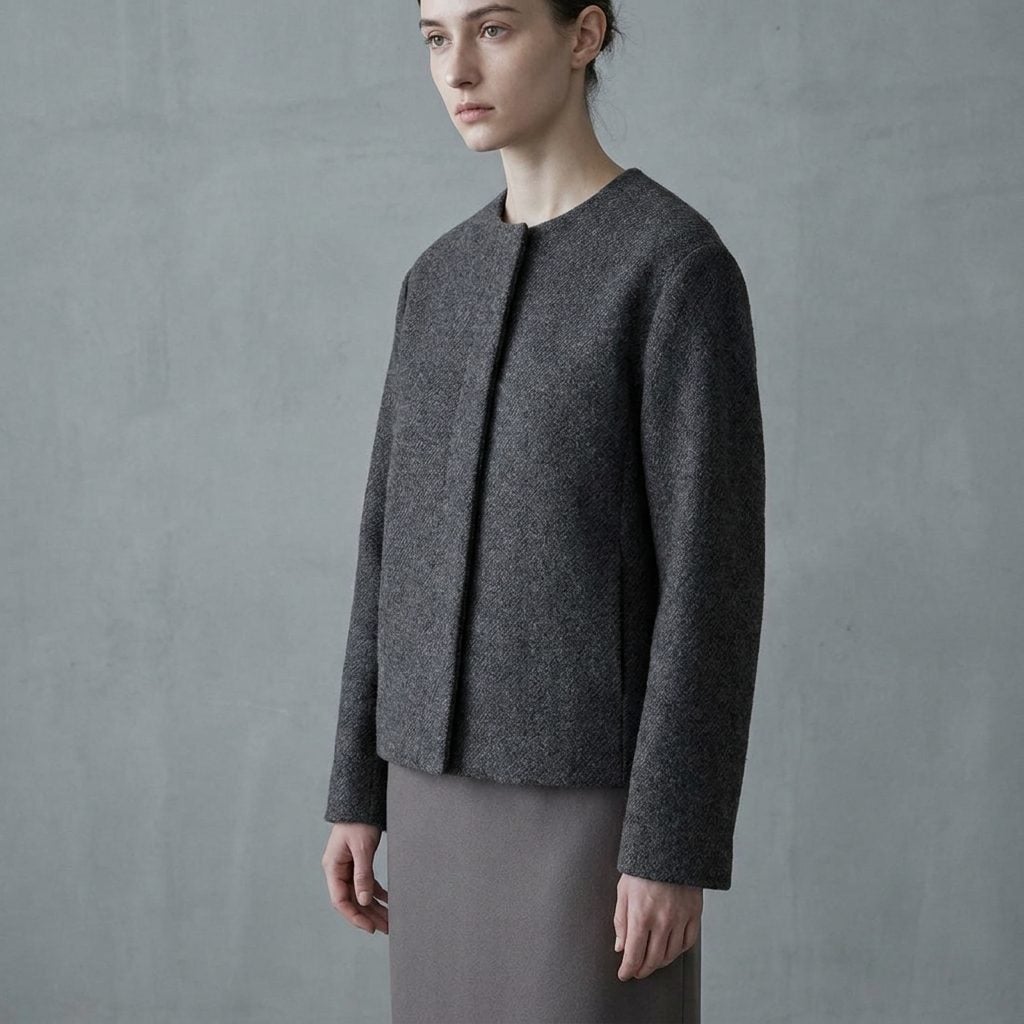 The Collarless Textured Jacket With a Straight Skirt