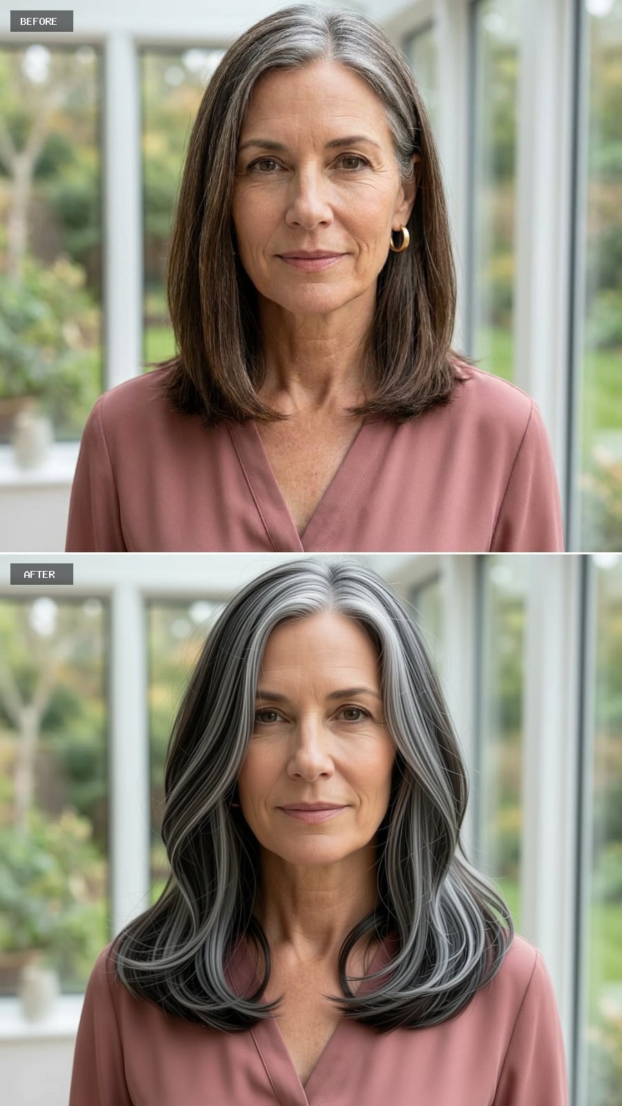 Grown-Out Gray With Volume and Contrast Hits Different When the Styling Matches the Color