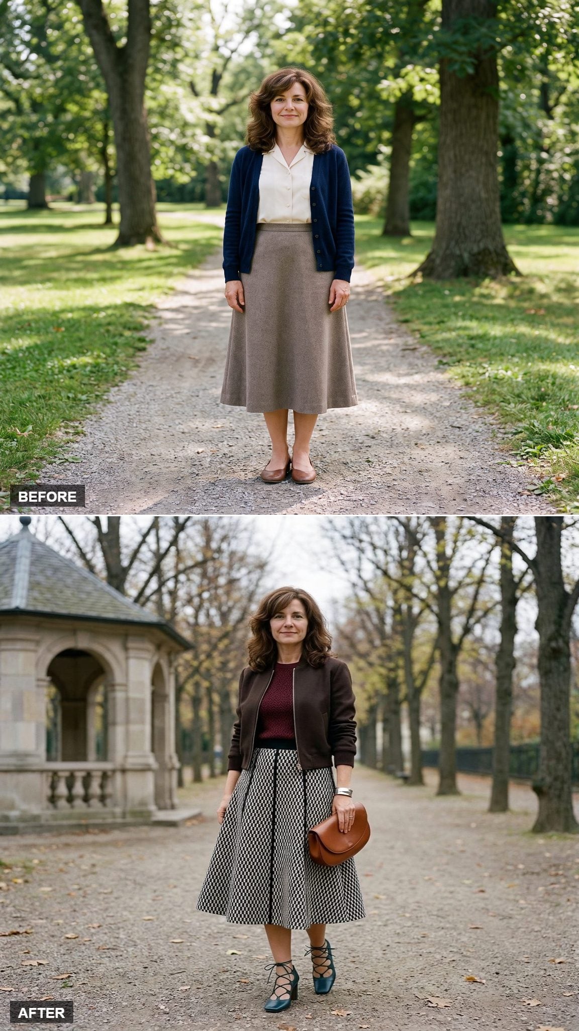 Black-and-ivory patterned midi with burgundy knit, dark brown cropped jacket, teal lace-up heels, and cognac saddle bag