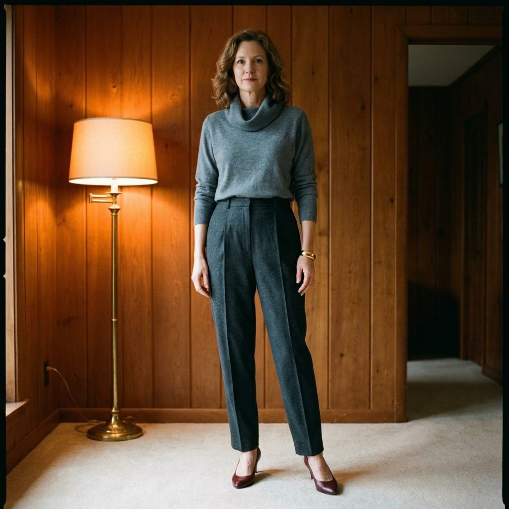 Slate-gray cowl-neck sweater tucked into high-waisted charcoal wool trousers
