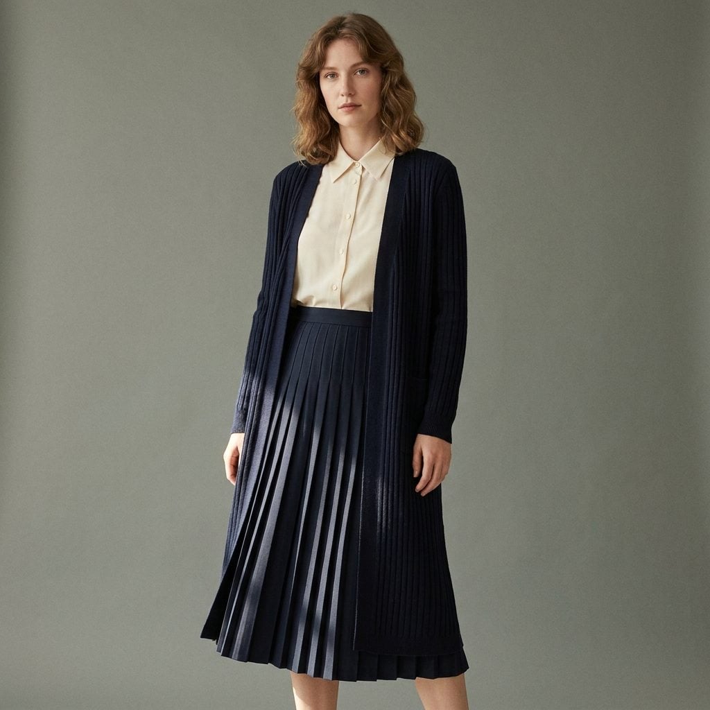 Cream Blouse, Navy Knife-Pleat Skirt, and a Long Navy Cardigan