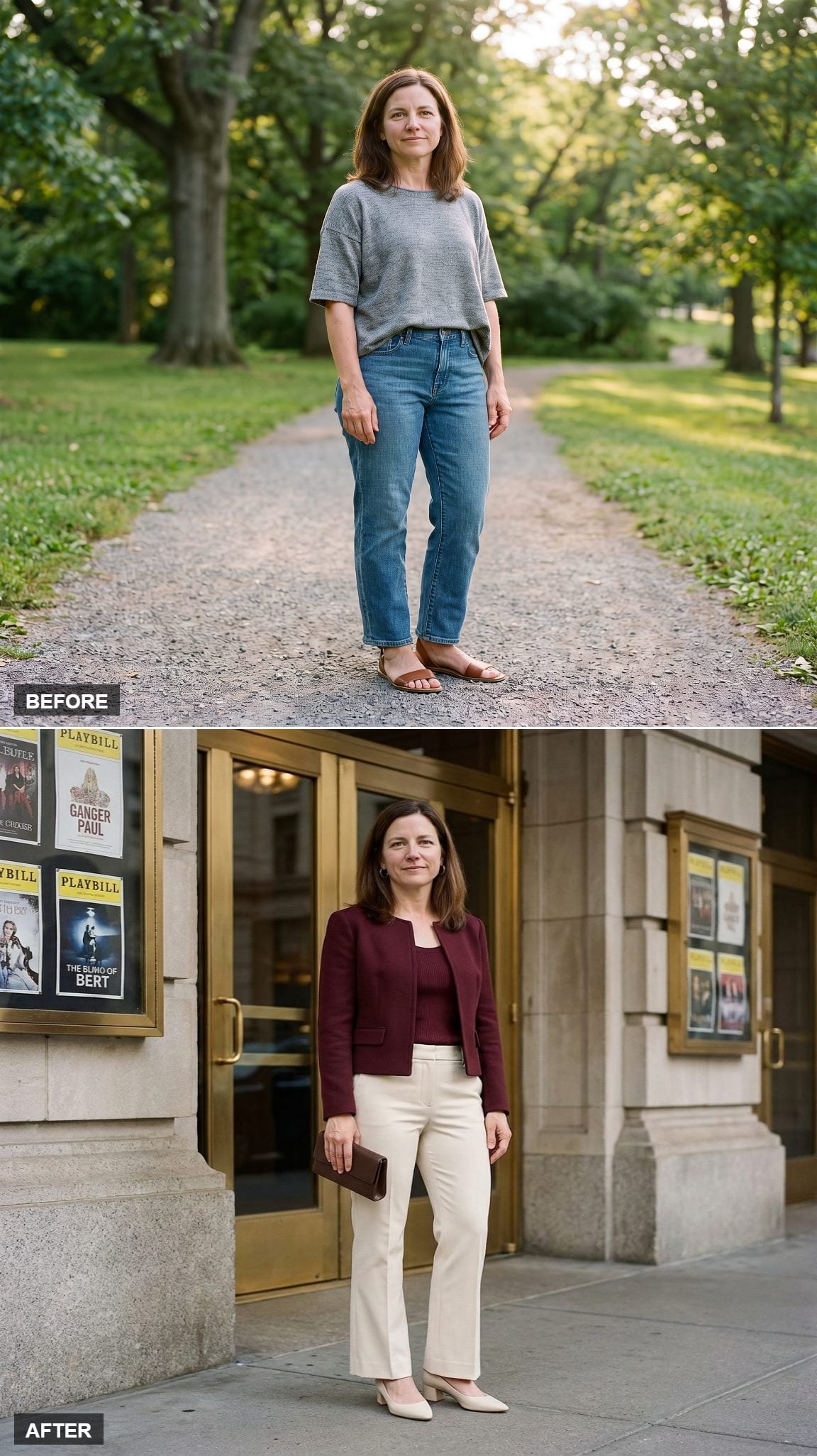 Cream Bootcut Trousers, Burgundy Waist Jacket, and Cream Block-Heel Pumps