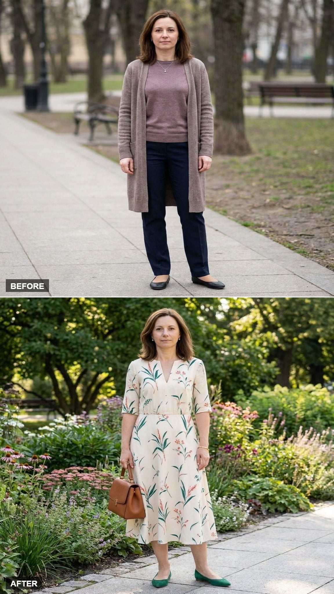 Cream Botanical-Print Midi Dress with Emerald Pointed Flats and a Cognac Top-Handle Bag in a Public Garden