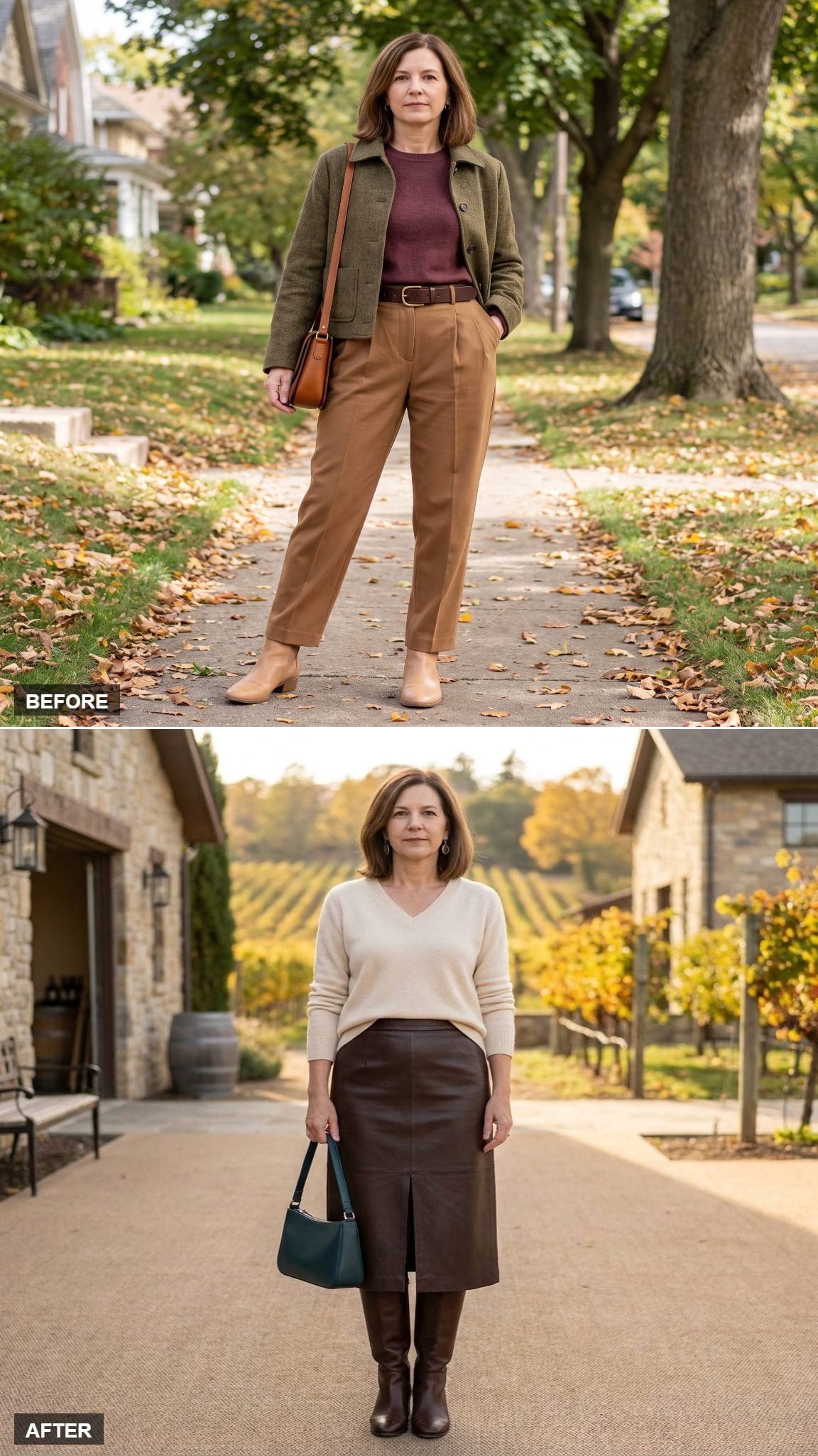 Cream Cashmere V-Neck and Chocolate Leather Midi Skirt, Grounded by Knee-High Boots