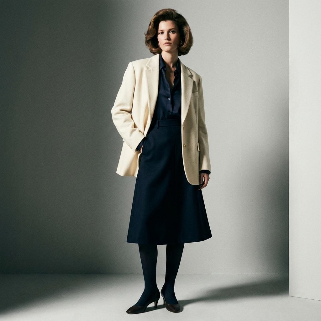 Cream Jacket Over a Navy Blouse and Navy Skirt
