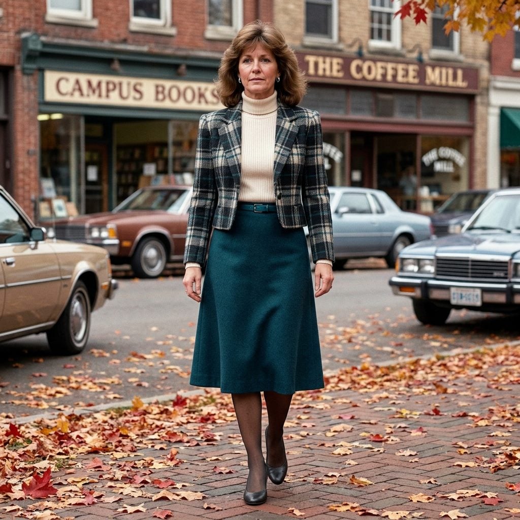 Cream Ribbed Turtleneck + Deep-Teal A-Line Skirt + Cropped Plaid Jacket