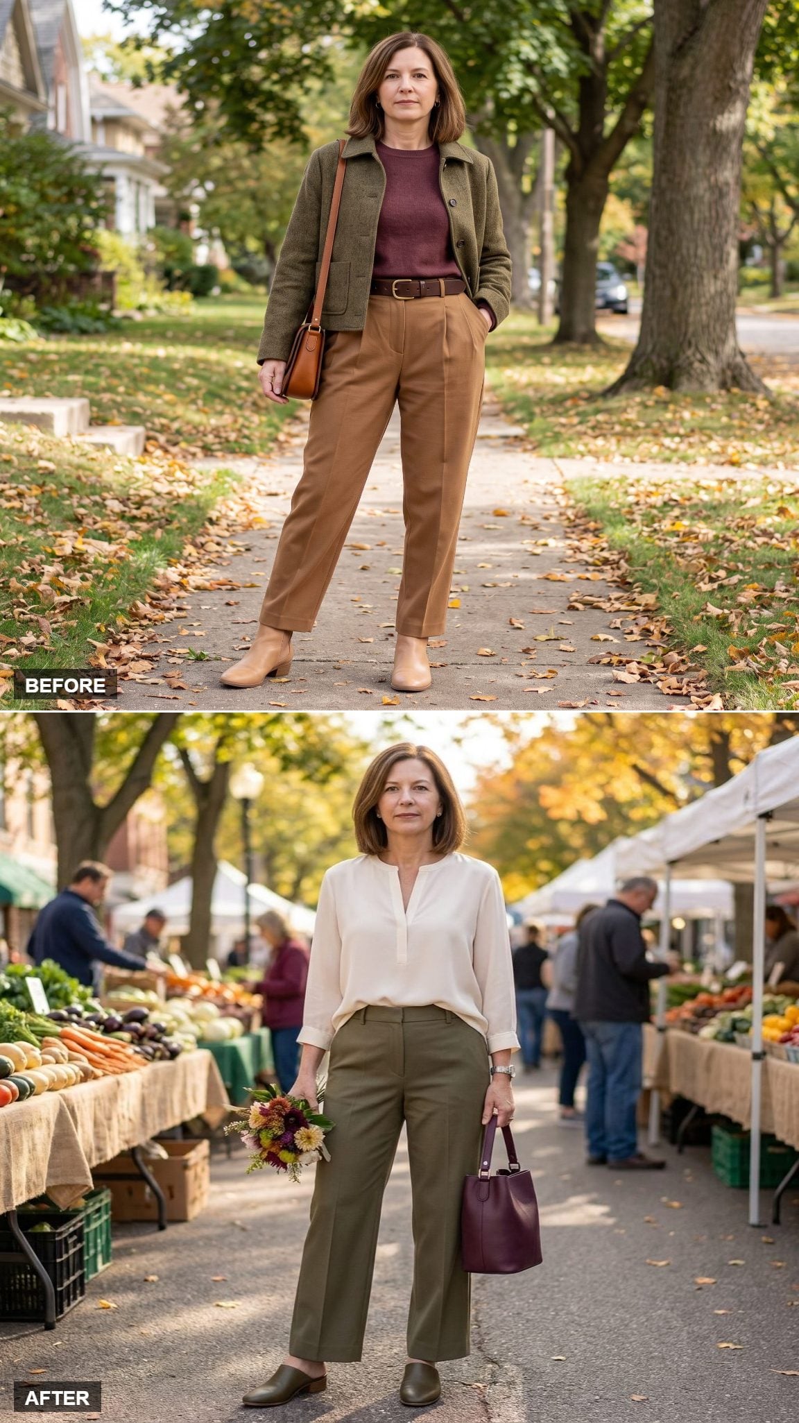 Cream Split-Neck Blouse, Olive Wide-Leg Trousers, and a Plum Bucket Bag at a Farmers' Market