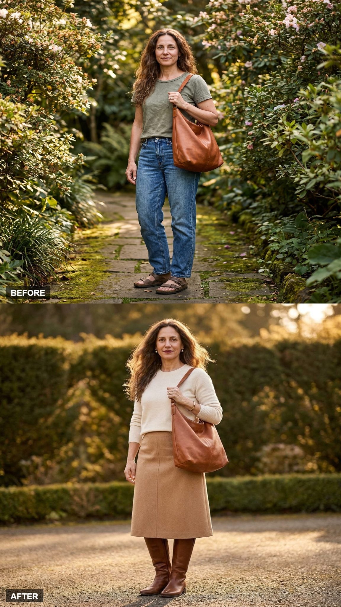 Cream Sweater, Camel Midi, and Riding Boots for the Country Weekend