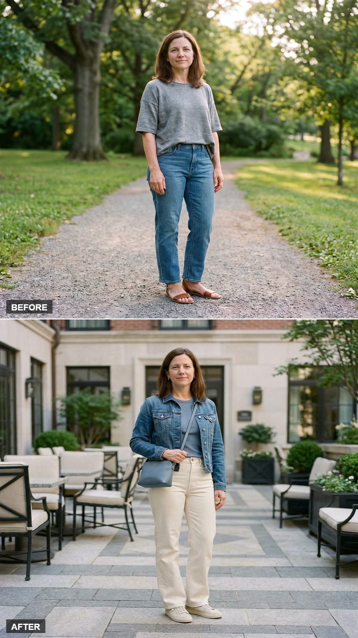 Cream Trouser Jeans, a Waist-Length Denim Jacket, and a Dusty-Blue Ribbed Top Tucked Just Right