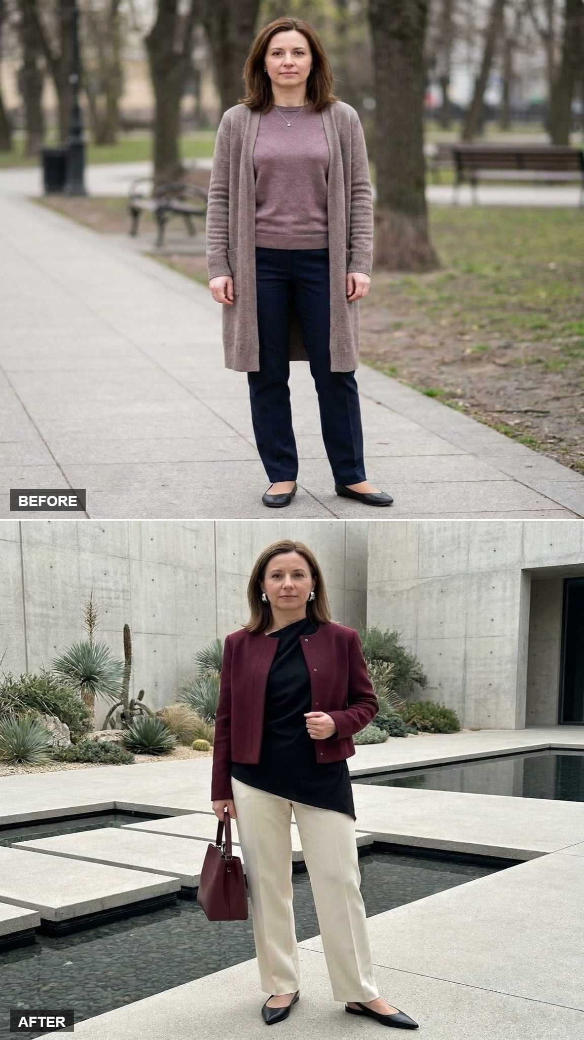Cream Wide-Leg Trousers, Black Asymmetric Top, and Cropped Burgundy Jacket in an Architectural Courtyard