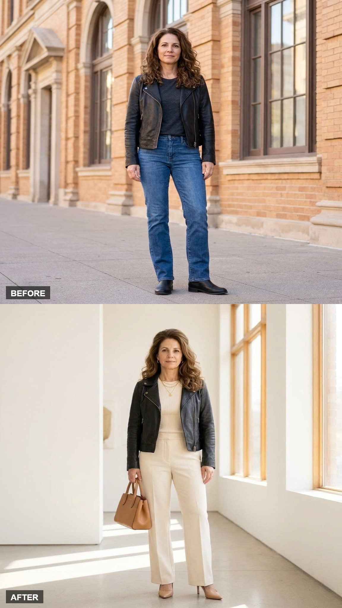 Cream Wide Trousers and a Fine Knit, Leather as the Only Dark Note