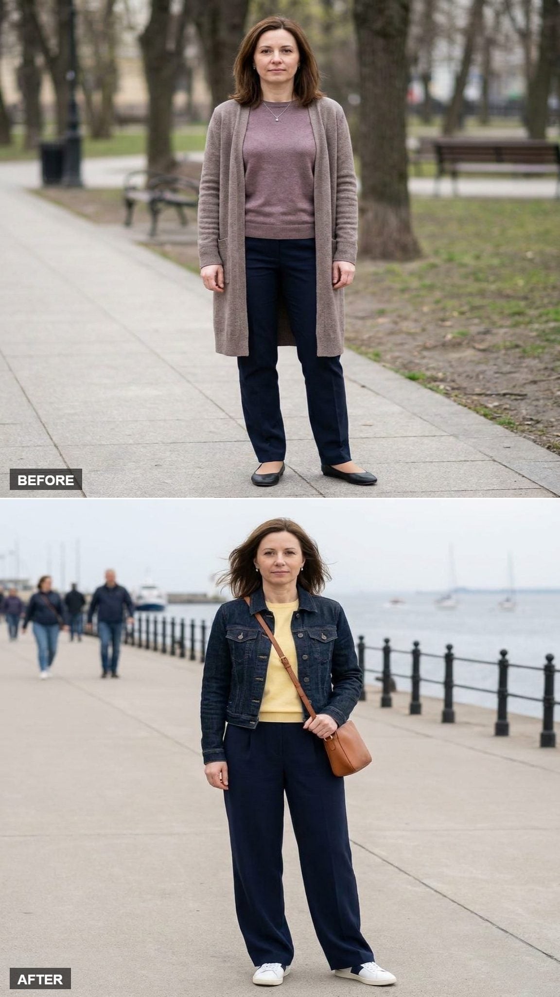 Cropped Dark-Denim Jacket, Butter-Yellow Knit Shell, and Navy Wide-Leg Trousers on a Waterfront Promenade