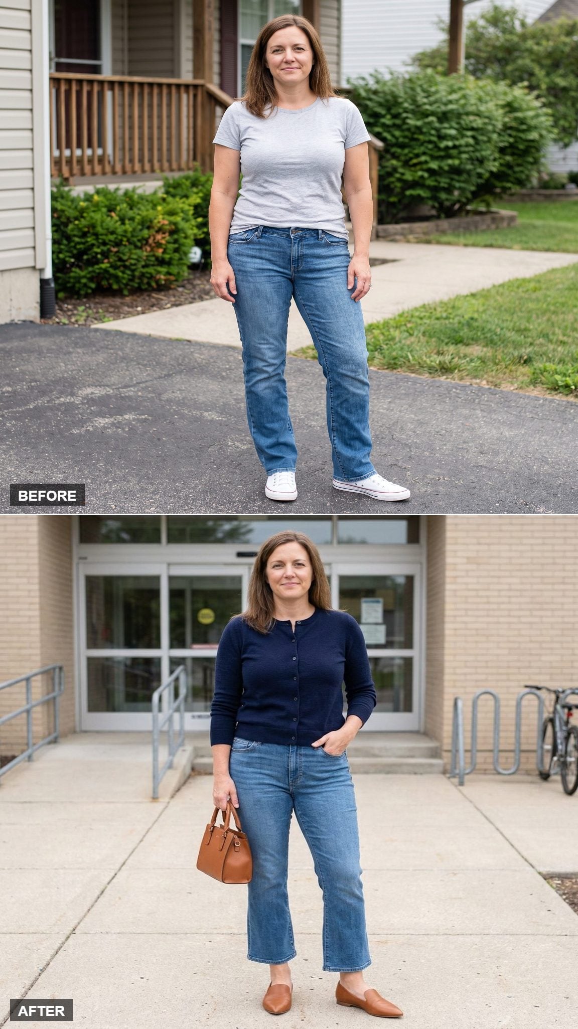 Cropped Kick-Flare Jeans, Navy Waist-Length Cardigan, and Cognac Loafers at the Library