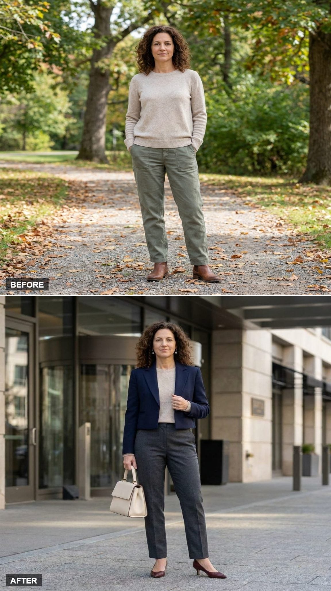 Cropped Navy Blazer, Charcoal Cigarette Trousers, and Burgundy Kitten Heels That Reframe Everything