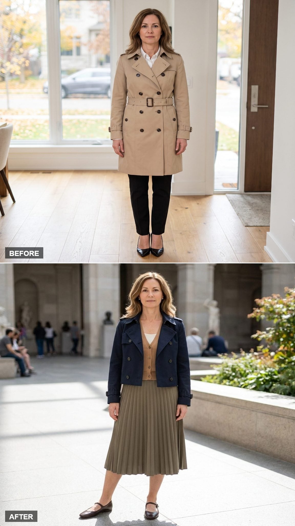 Cropped Navy Trench Over Camel Cardigan With Olive Pleated Midi and Dark-Brown Mary Janes