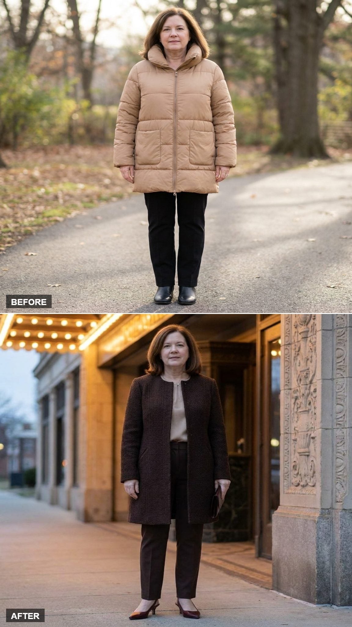 Dark Chocolate Bouclé Coat With Oxblood Kitten Heels at a Theater Entrance