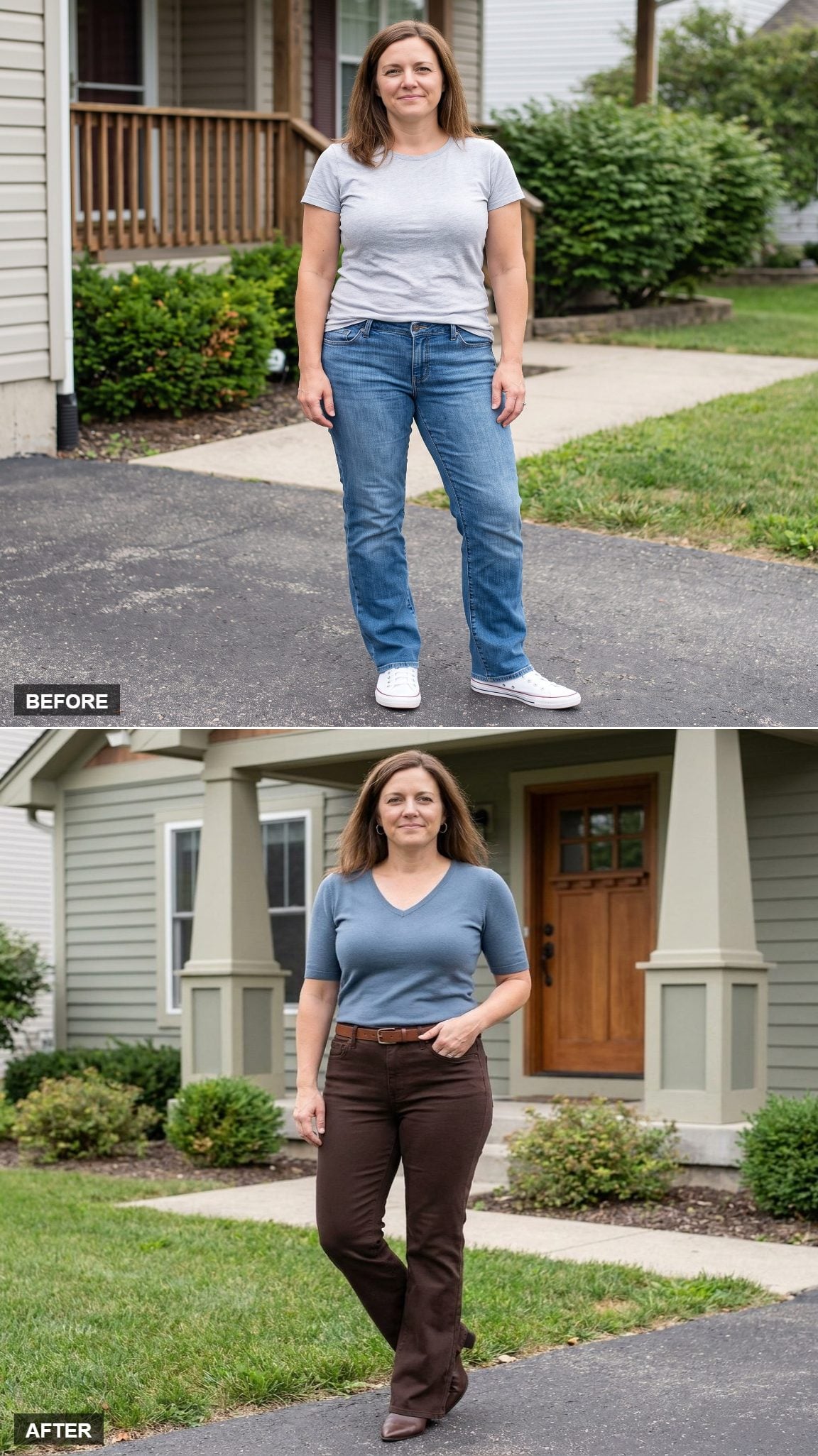 Dark Chocolate Straight-Flare Hybrid Jeans, Dusty-Blue V-Neck Knit, and a Slim Brown Belt at a Craftsman House