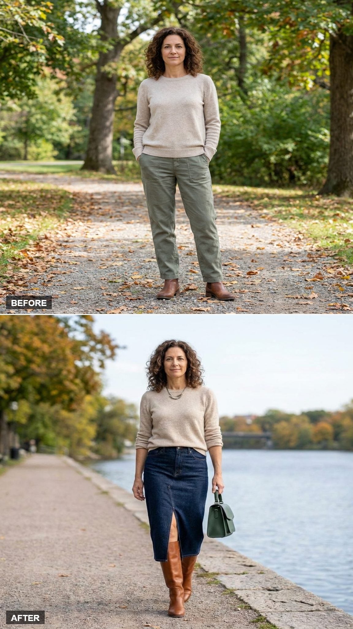 Dark Denim Column Midi, Cognac Knee-High Boots, and the Front Tuck That Does the Heavy Lifting