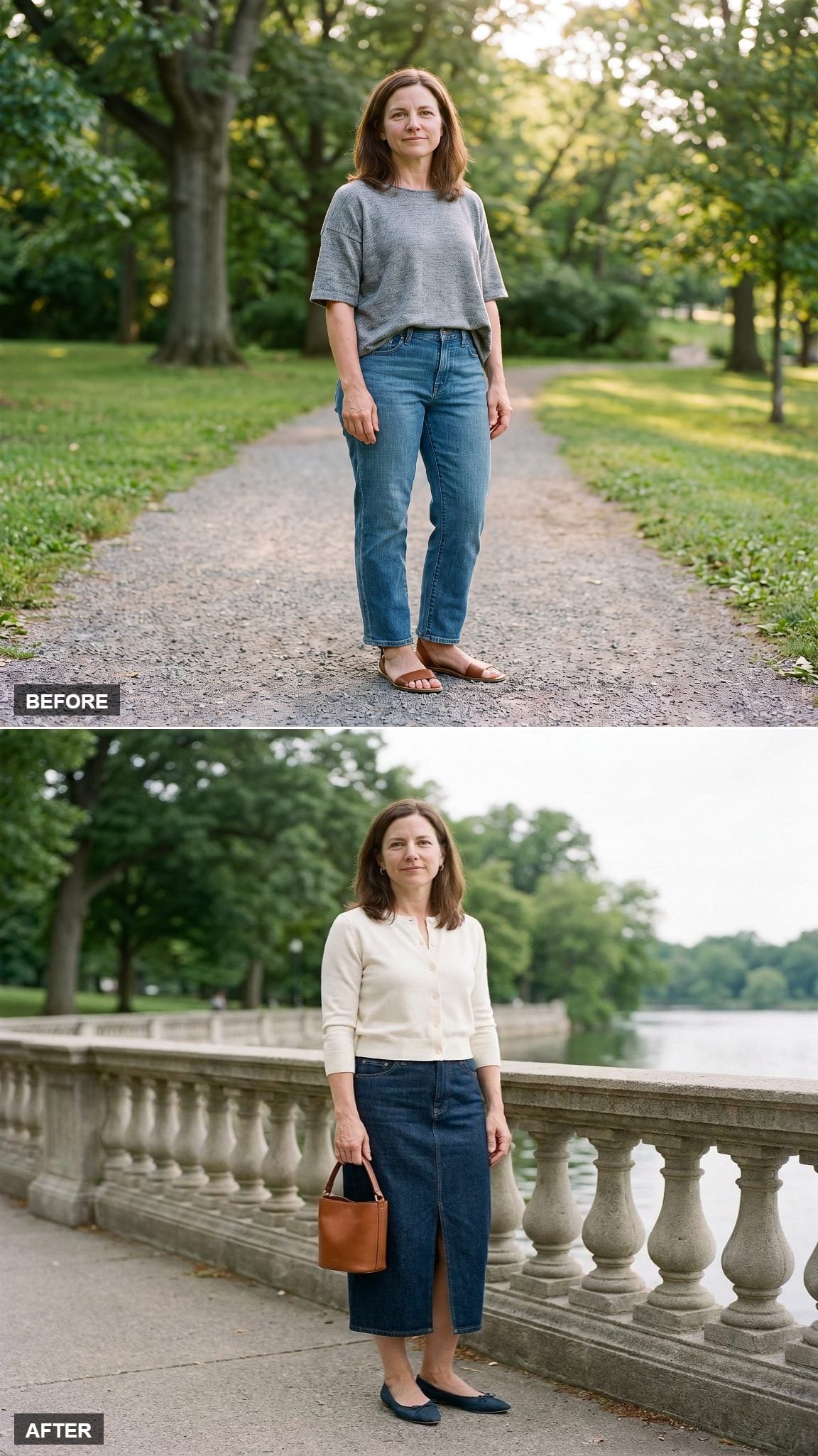 Dark-Denim Midi Skirt, Ivory Short Cardigan Buttoned as a Top, and a Cognac Bucket Bag
