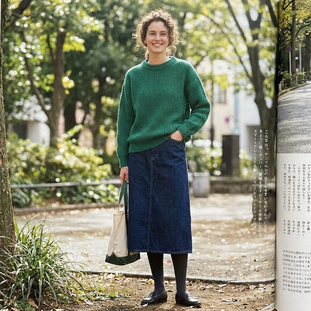 Dark denim skirt with an emerald sweater, navy hosiery, and pumps