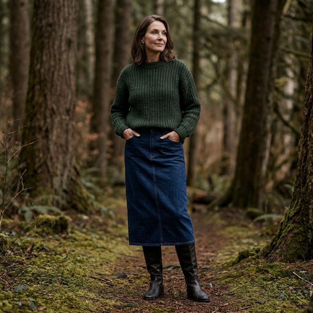 Dark Denim Straight Skirt, Forest Knit, and Tall Boots