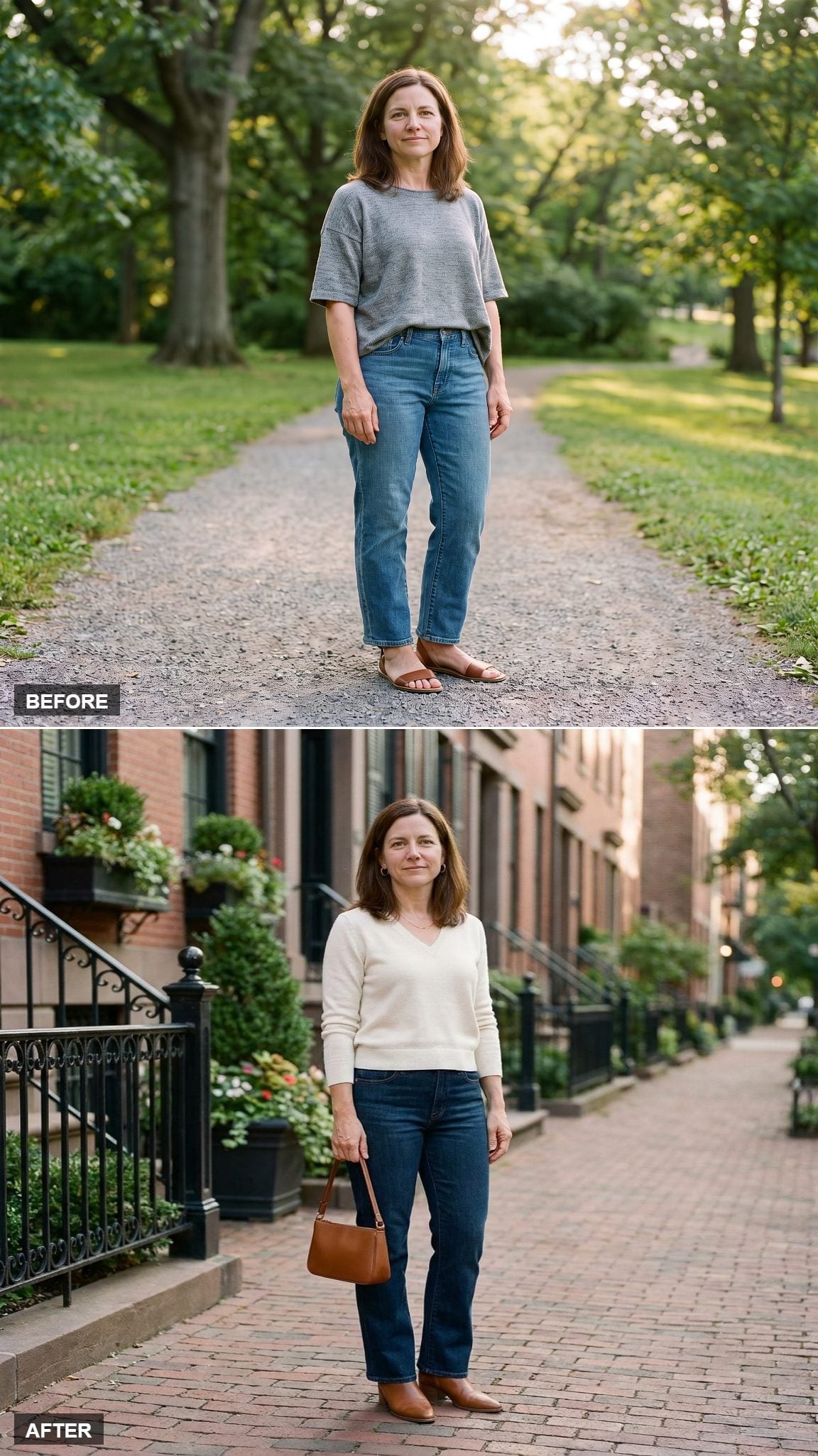 Dark-Indigo Bootcut Jeans and an Ivory V-Neck Knit That Finally Get Proportions Right