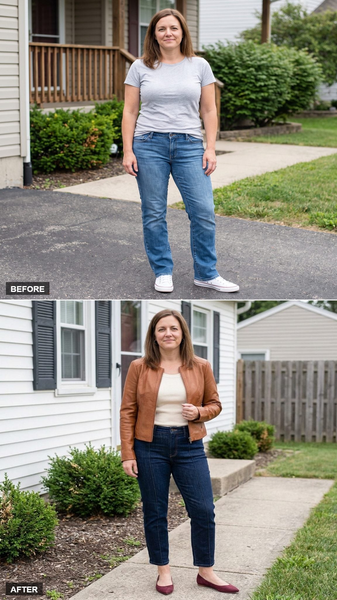 Dark-Indigo Cropped Cigarette Jeans, Cognac Leather Jacket, and Burgundy Flats at a Clapboard Home