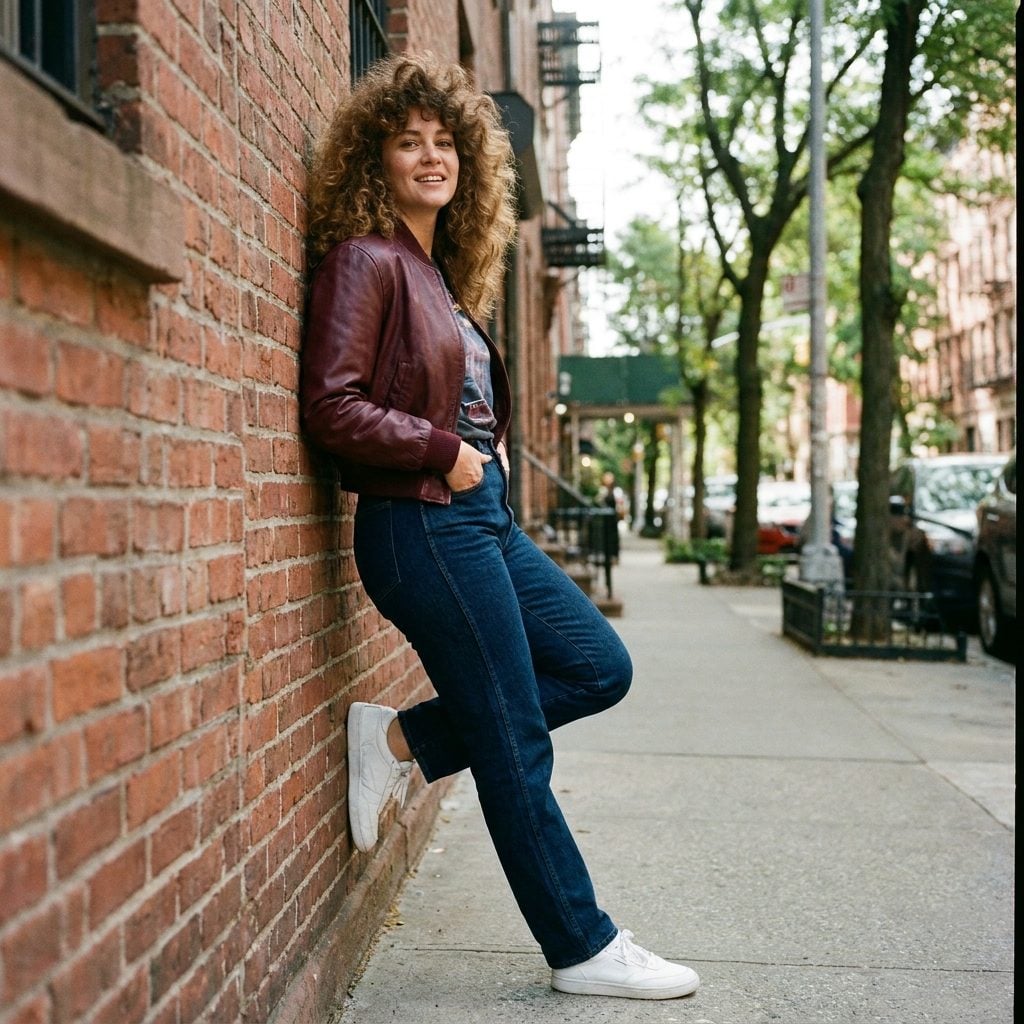 Dark indigo high-rise jeans with a cropped burgundy leather jacket