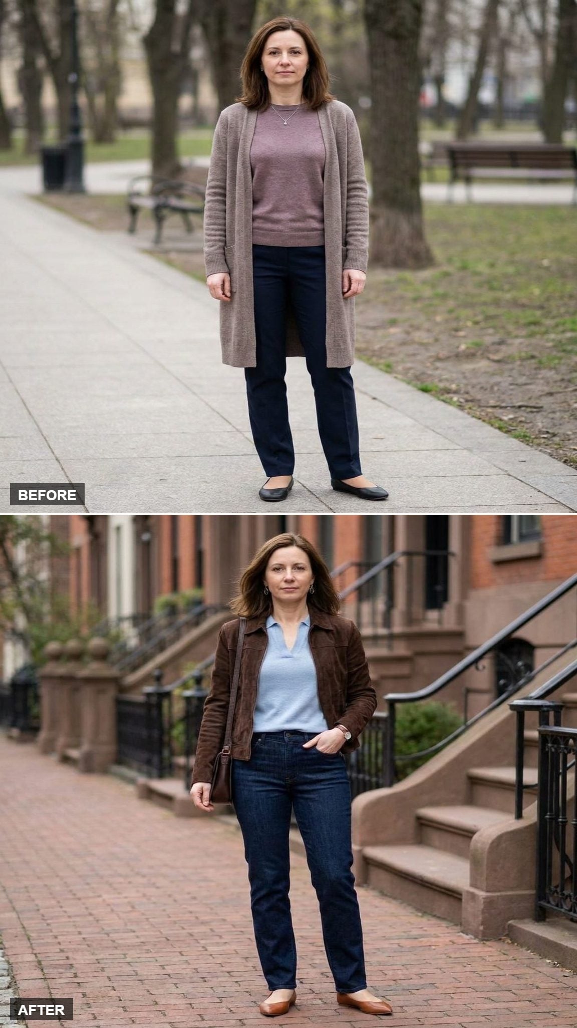 Dark Indigo Jeans, Powder-Blue Knit, and a Chocolate Suede Jacket on a Brick Sidewalk