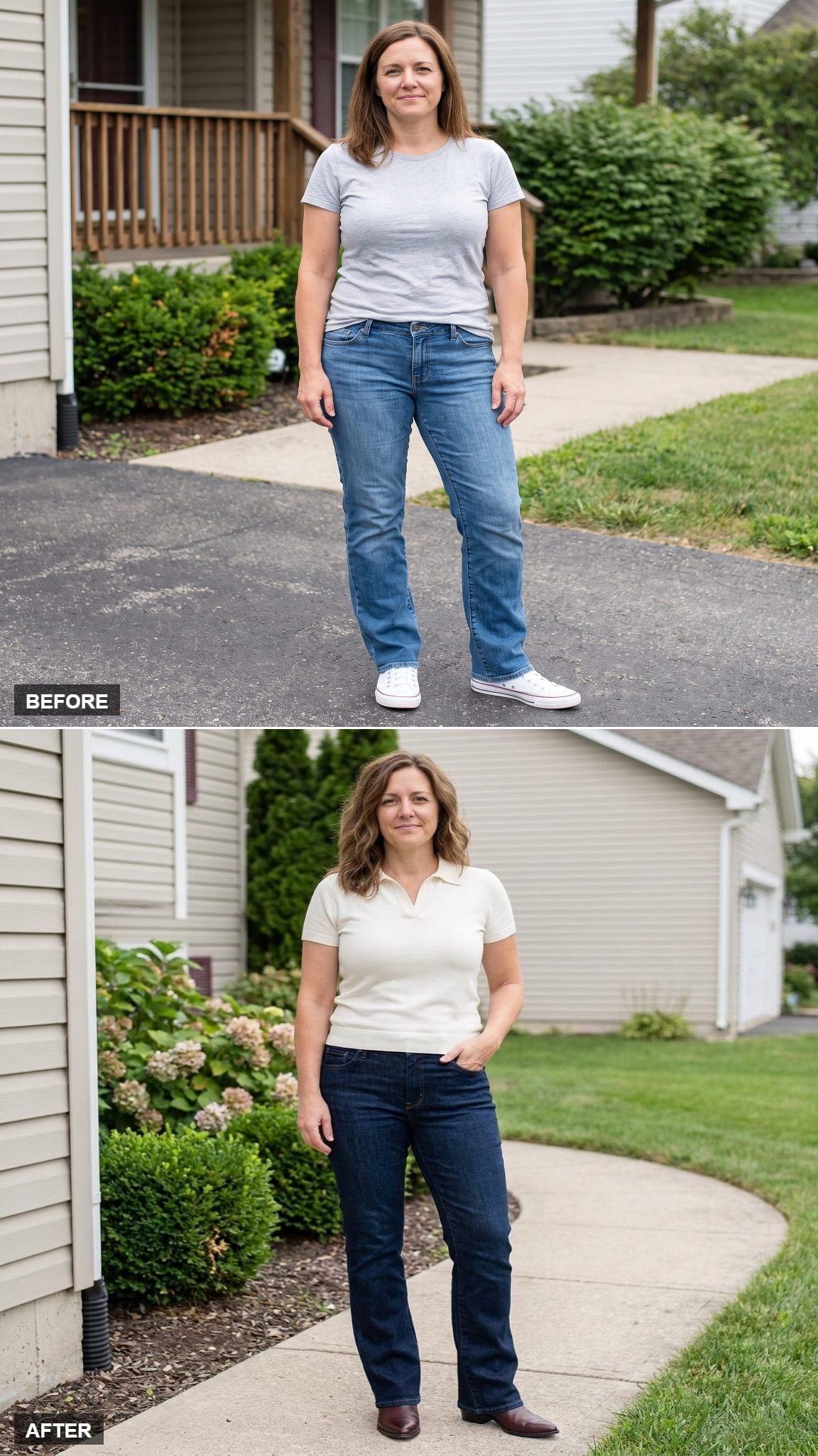 Dark-Indigo Slim Bootcut Jeans, an Ivory Polo Knit, and Oxblood Pointed Boots on a Landscaped Walk