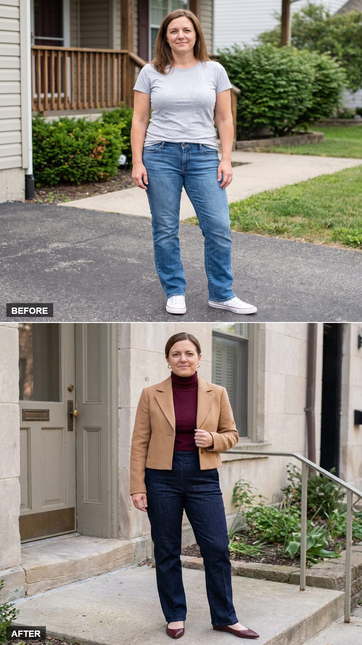 Dark Indigo Trouser Denim, Burgundy Turtleneck, and a Camel Jacket Against Stone