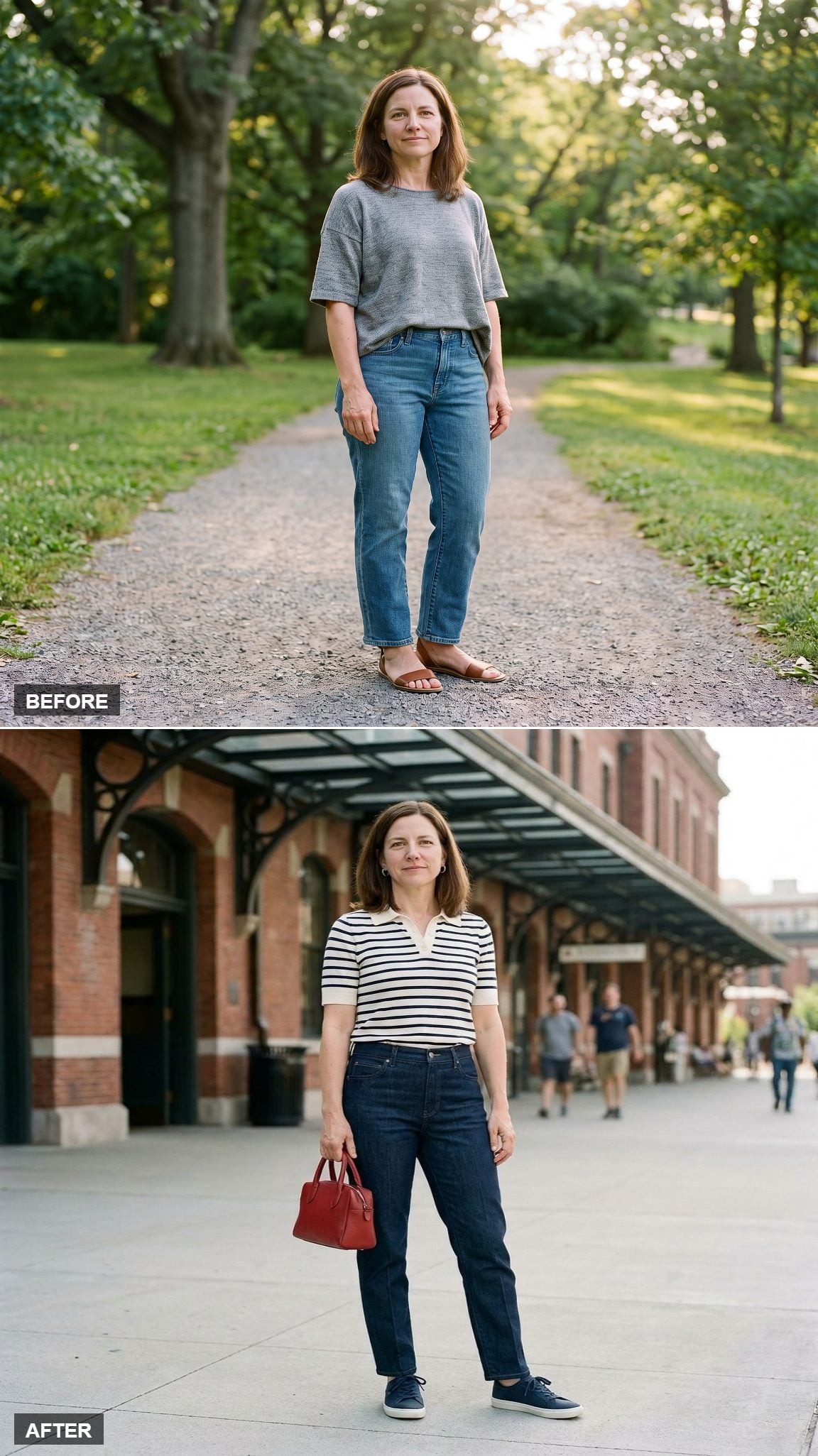 Dark-Indigo Trouser Jeans, Ivory-and-Navy Knit Polo, and a Red Top-Handle Bag
