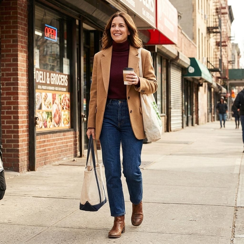 Dark Jeans + Camel Blazer + Burgundy Turtleneck